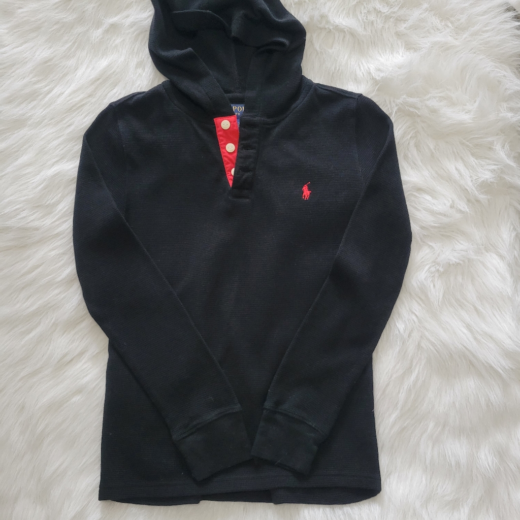 Polo By Ralph Lauren Thermal Hoodie Shirt M 8-10 Euc Black & Red